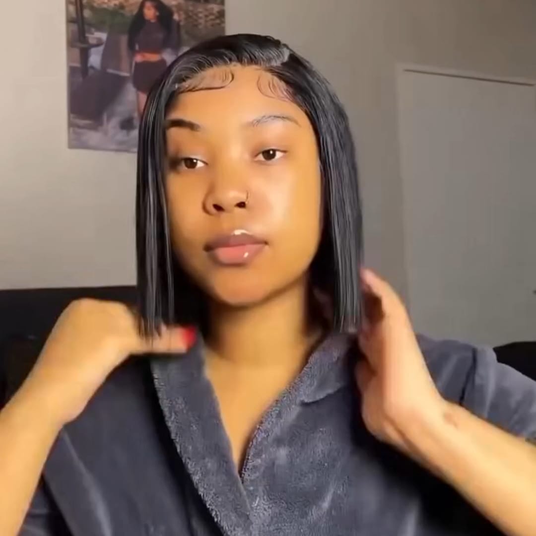 AILUXY 4x4 Lace Closure Perruque Lisse Courte Couleur naturelle Bob Perruque 200% densité 100% cheveux humains