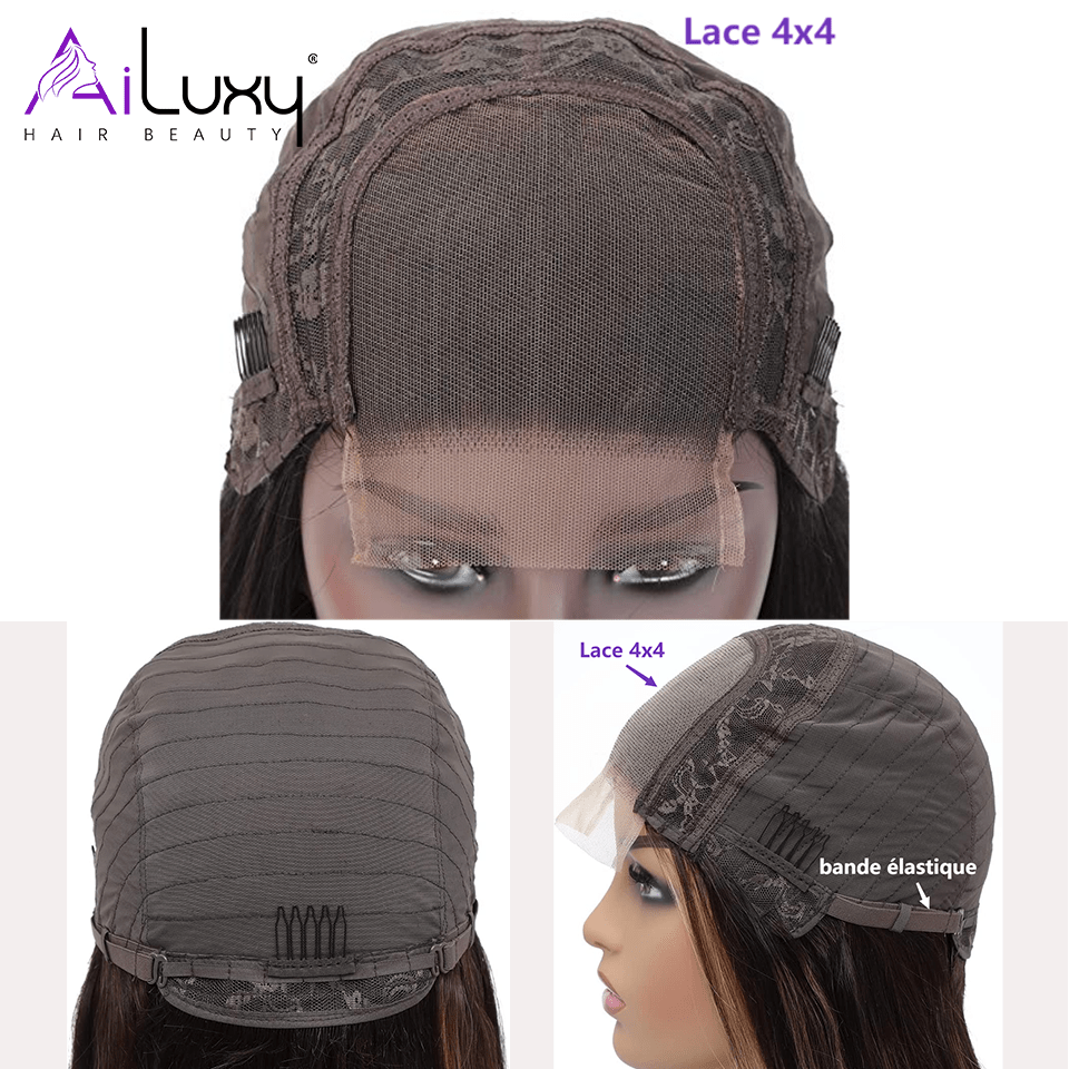 AILUXY 4x4 Lace Closure Perruque Lisse Courte Couleur naturelle Bob Perruque 200% densité 100% cheveux humains