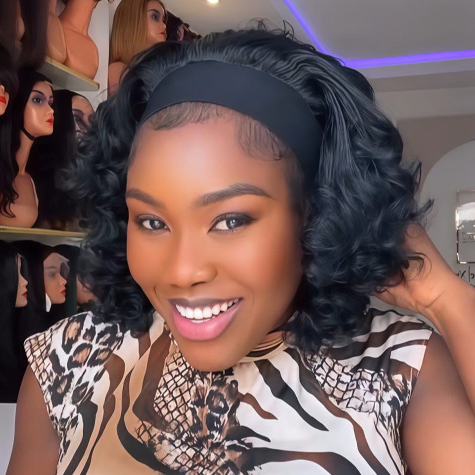 AILUXY Bandeau EGG Wave Noir Bob Perruque 100% Cheveux Humains
