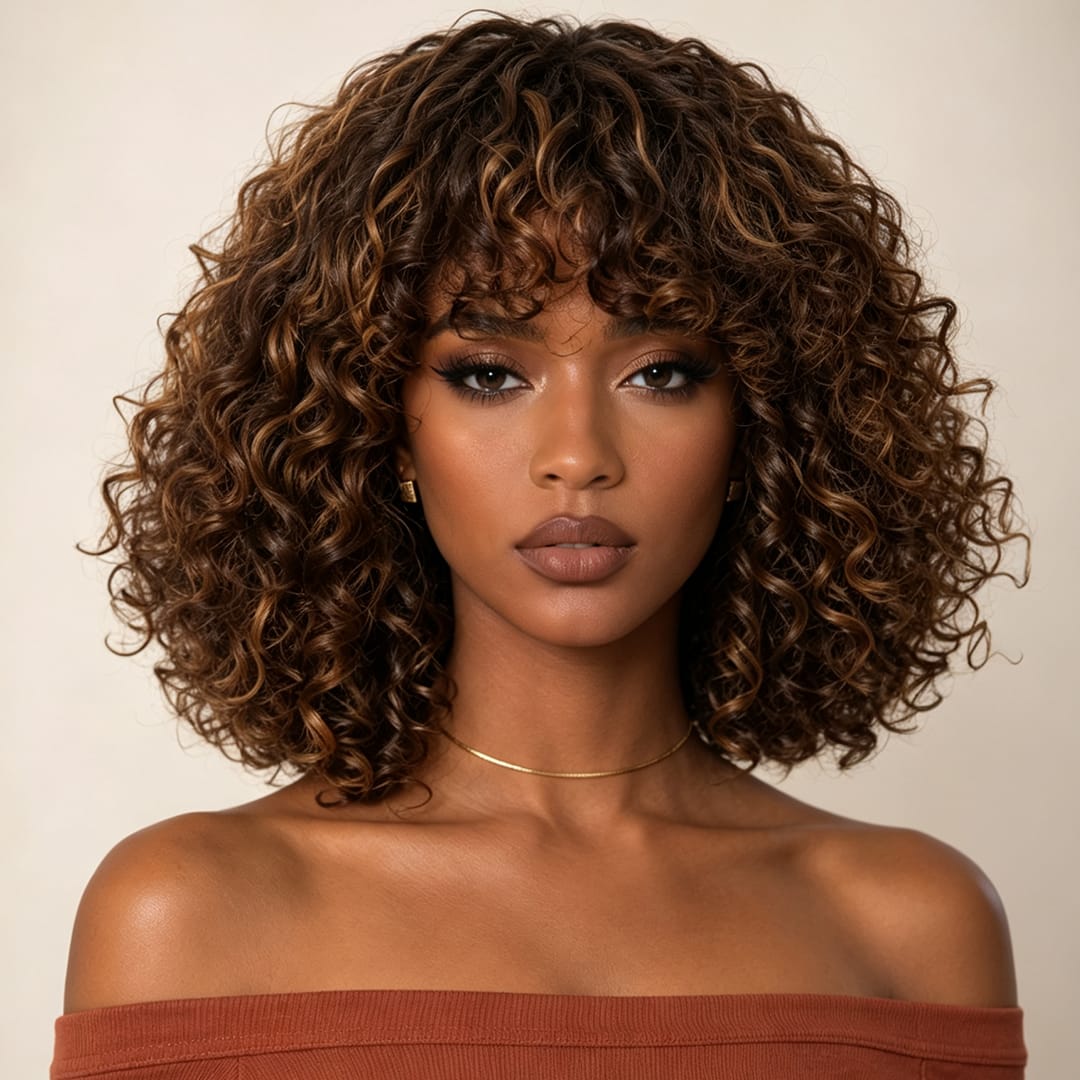 AILUXY Brun Balayage Miel Bouclé Courte Perruque Avec Frange 100% Cheveux Humains