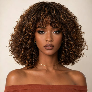 AILUXY Brun Balayage Miel Bouclé Courte Perruque Avec Frange 100% Cheveux Humains