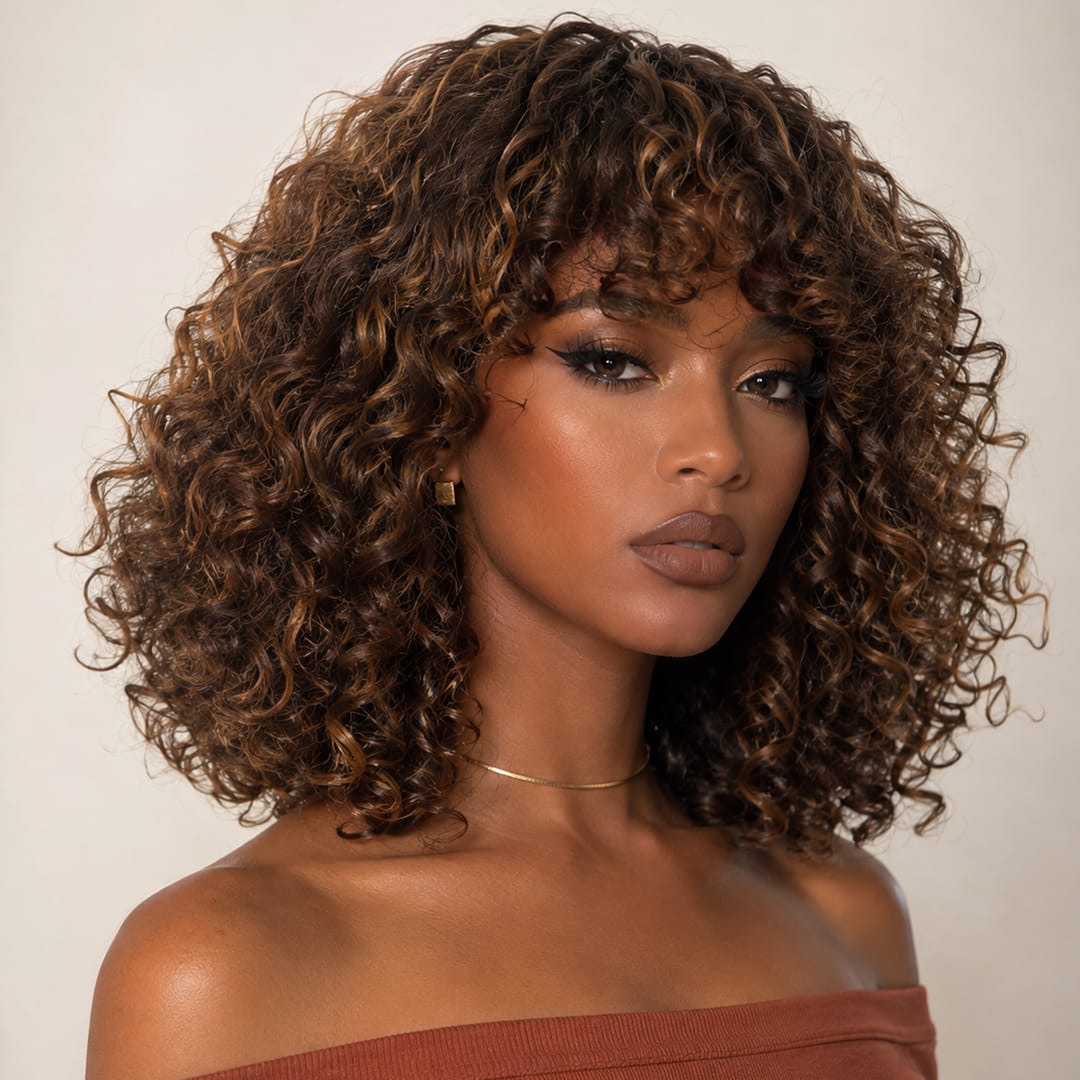 AILUXY Brun Balayage Miel Bouclé Courte Perruque Avec Frange 100% Cheveux Humains