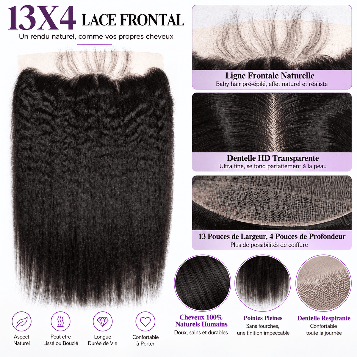 AILUXY Cheveux 13x4/13x6 HD Lace Frontal Kinky Lisse Dentelle Invisible 100% Cheveux Humains