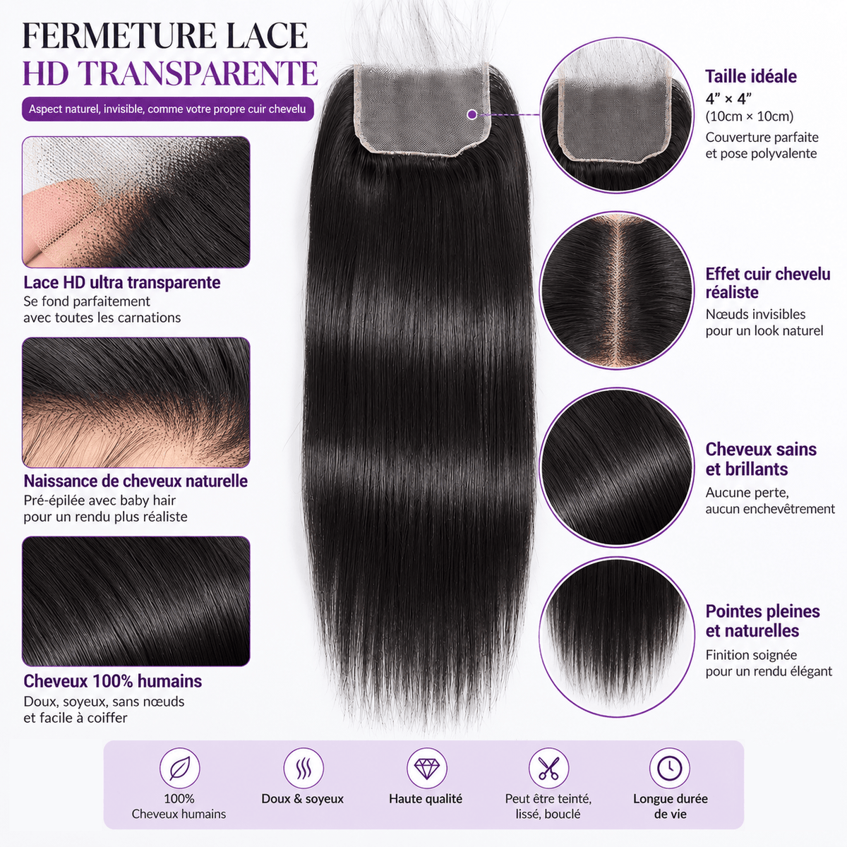 AILUXY Cheveux  4x4/5x5 HD Lace Closure Lisse Dentelle Invisible 100% Cheveux Humains