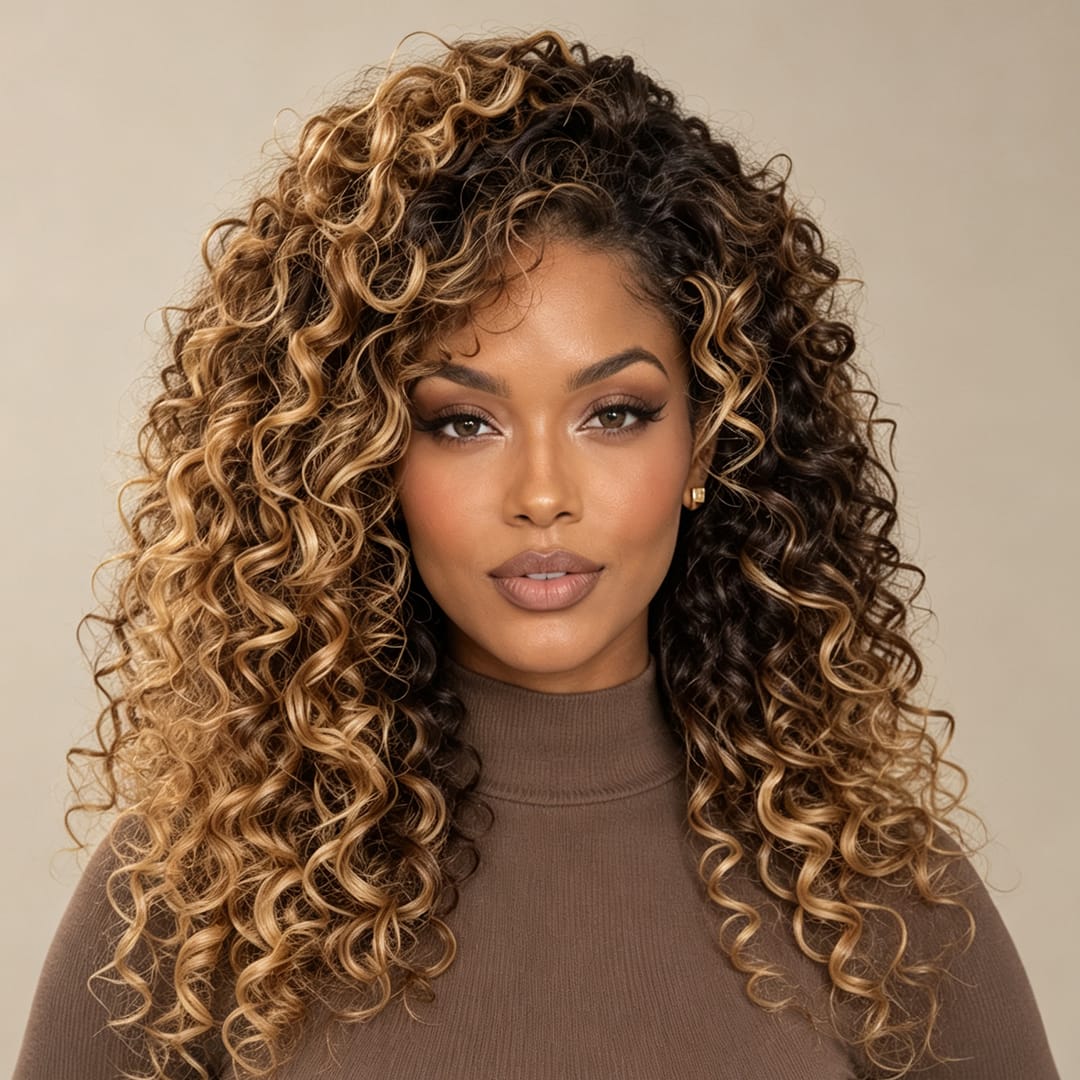 Ailuxy Glueless Couleur Blond Foncé Doré Ombré Perruque Sans Colle Bouclé Bob 4.0