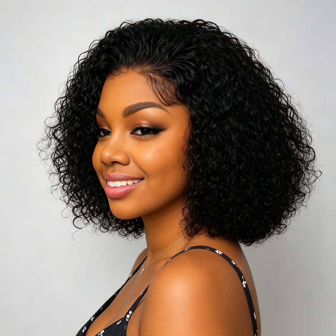 AILUXY Magnifique Perruque Bob Bouclé Noir 13X4 Lace Front Cheveux Humains
