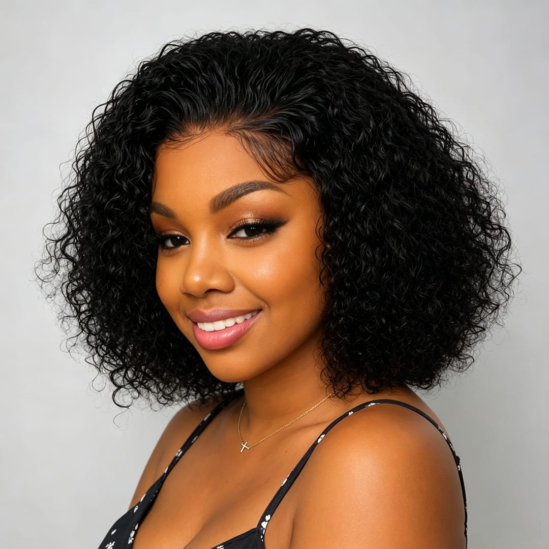 AILUXY Magnifique Perruque Bob Bouclé Noir 13X4 Lace Front Cheveux Humains