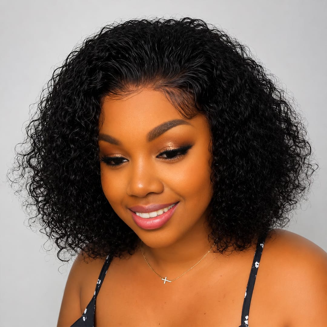 AILUXY Magnifique Perruque Bob Bouclé Noir 13X4 Lace Front Cheveux Humains
