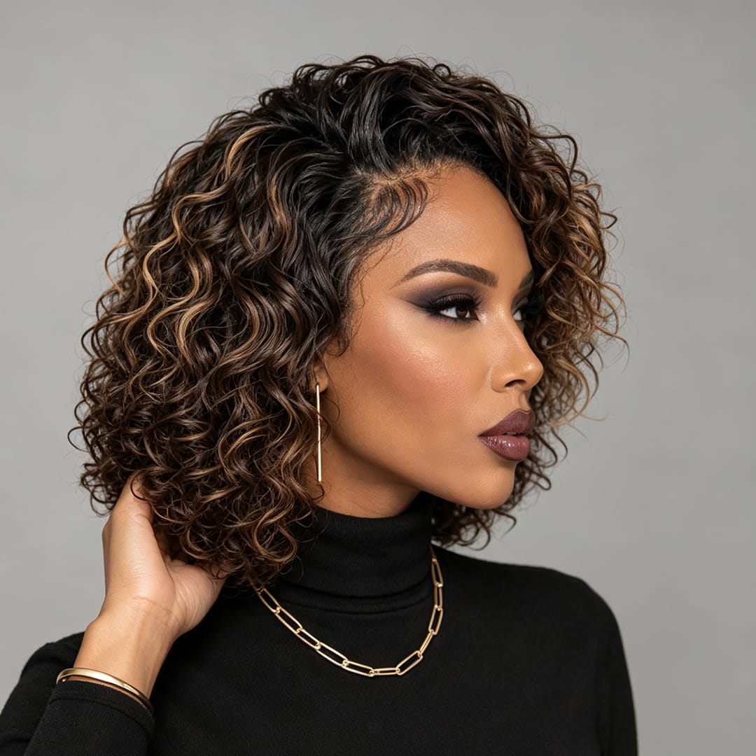 AILUXY Perruque 13x4 Lace Closure Perruque BOB Curly 200% densité 100% Cheveux humains