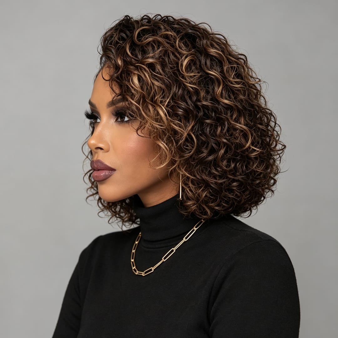 AILUXY Perruque 13x4 Lace Closure Perruque BOB Curly 200% densité 100% Cheveux humains