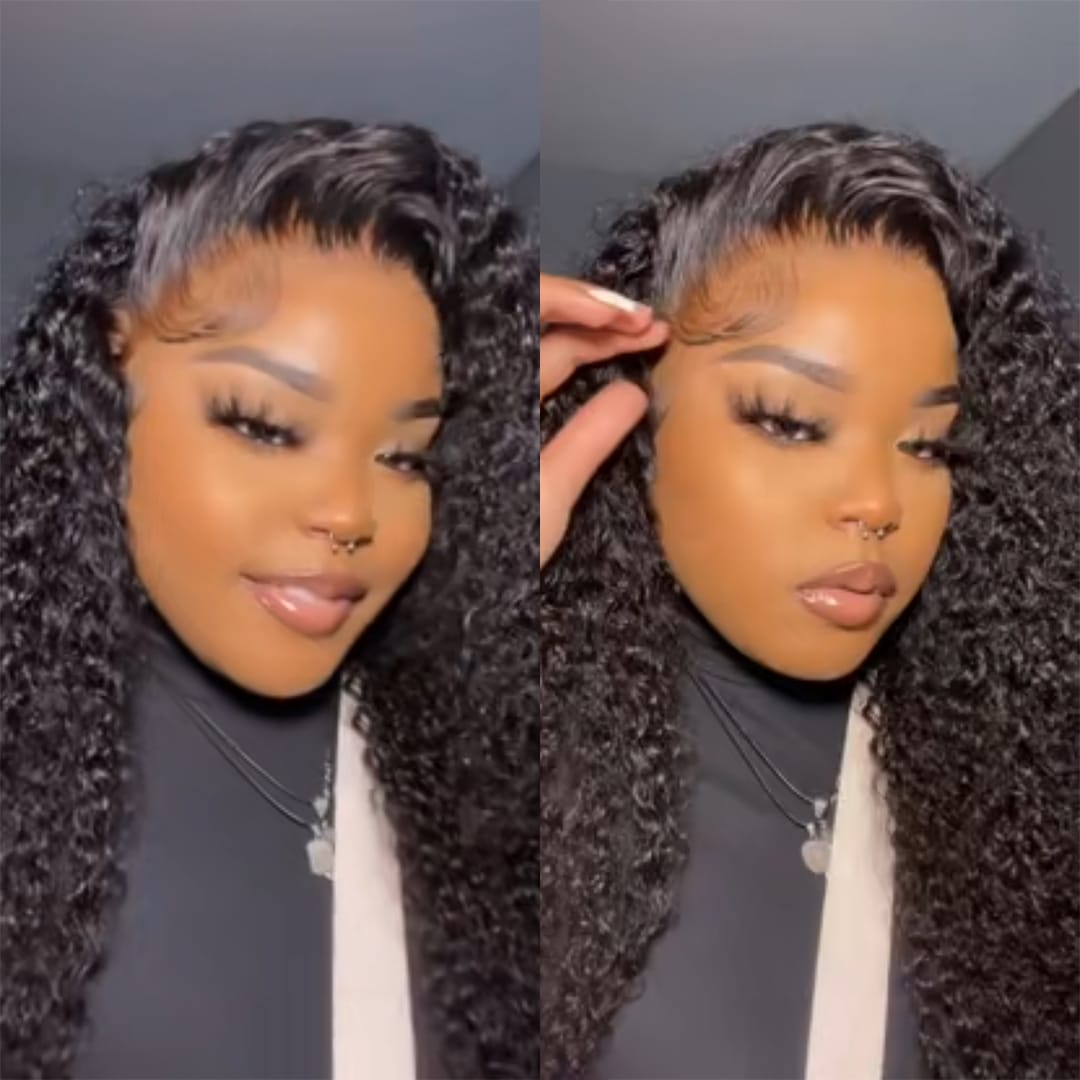AILUXY Perruque 13X4 Lace Front Bouclée Profonde Noir Naturel, Cheveux Humains, Front Fin Invisible