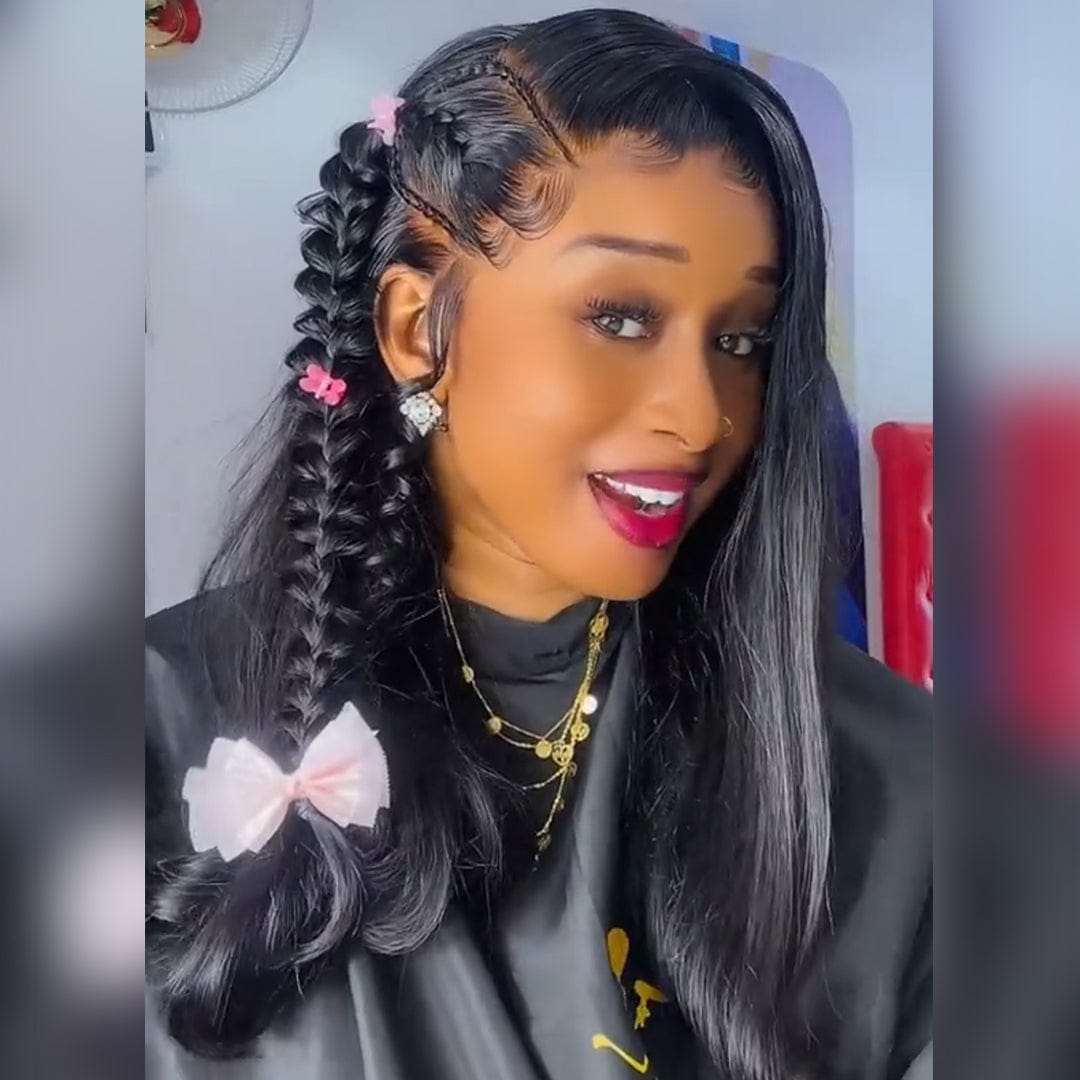 AILUXY Perruque 13x4 Lace Frontal Cheveux 100% naturels, rendu identique à la photo, avec un style tressé charmant，Coiffure Relevée