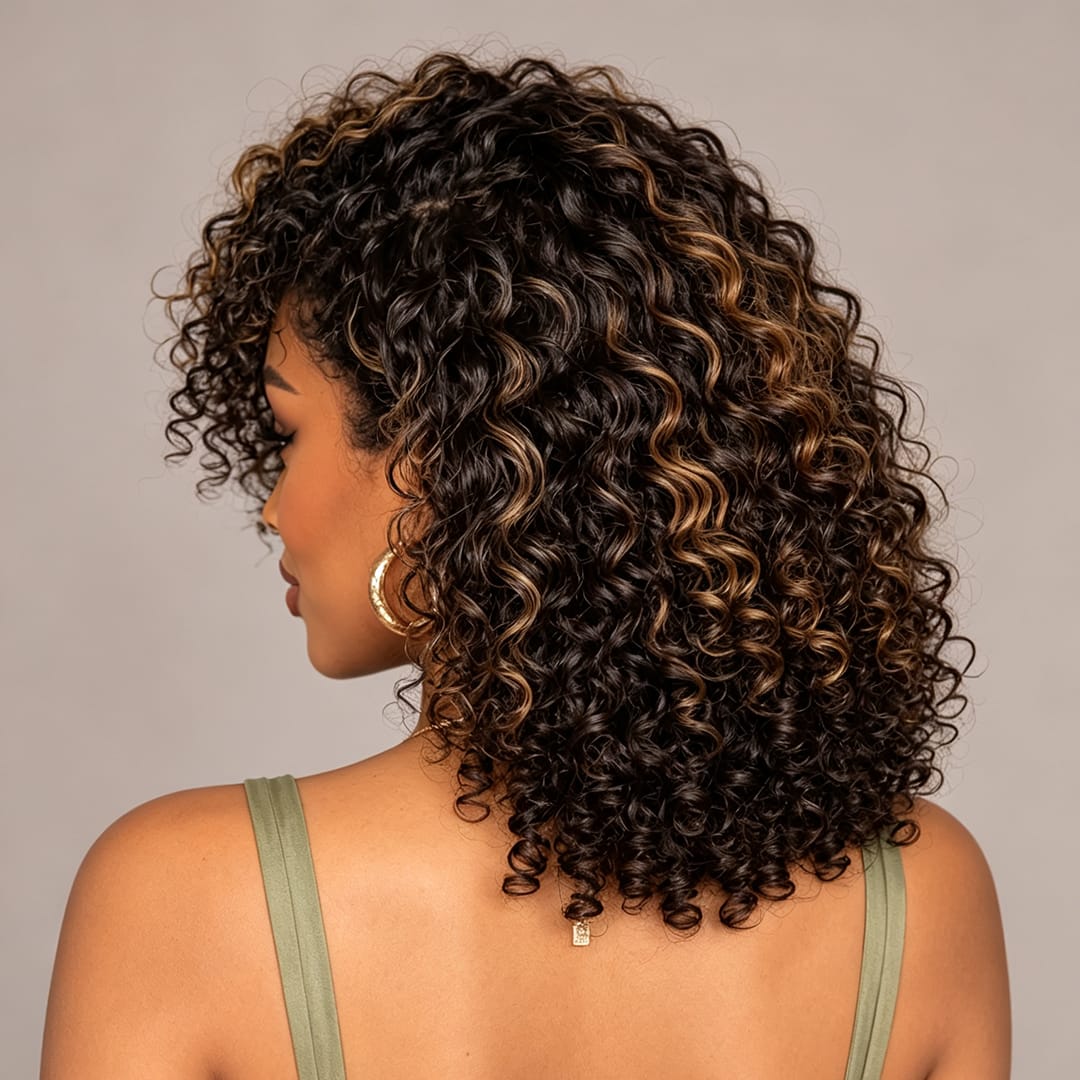 AILUXY Perruque Afro Bouclée Mi‑Longue Balayage Caramel, Volume Naturel Boucles Serrées