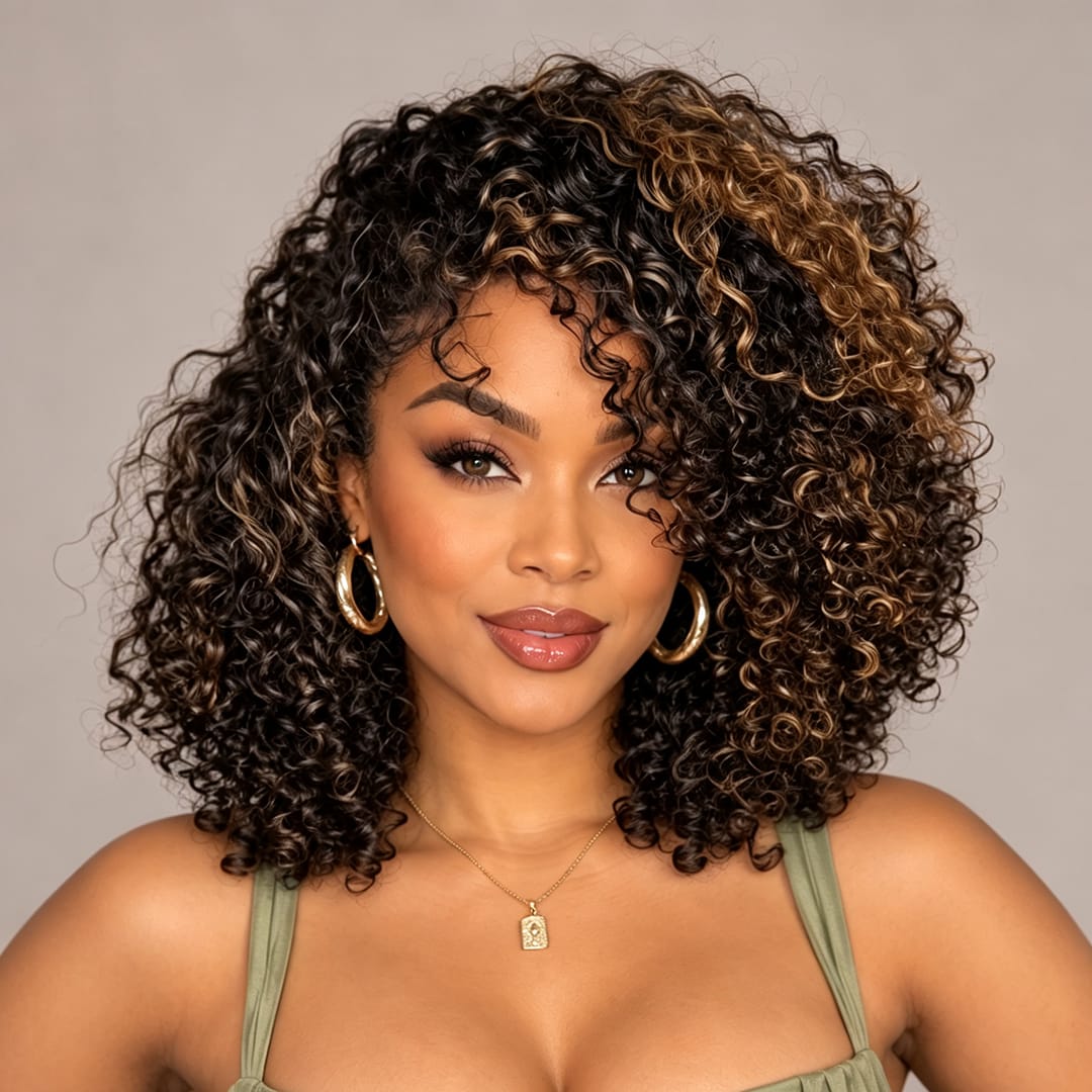 AILUXY Perruque Afro Bouclée Mi‑Longue Balayage Caramel, Volume Naturel Boucles Serrées