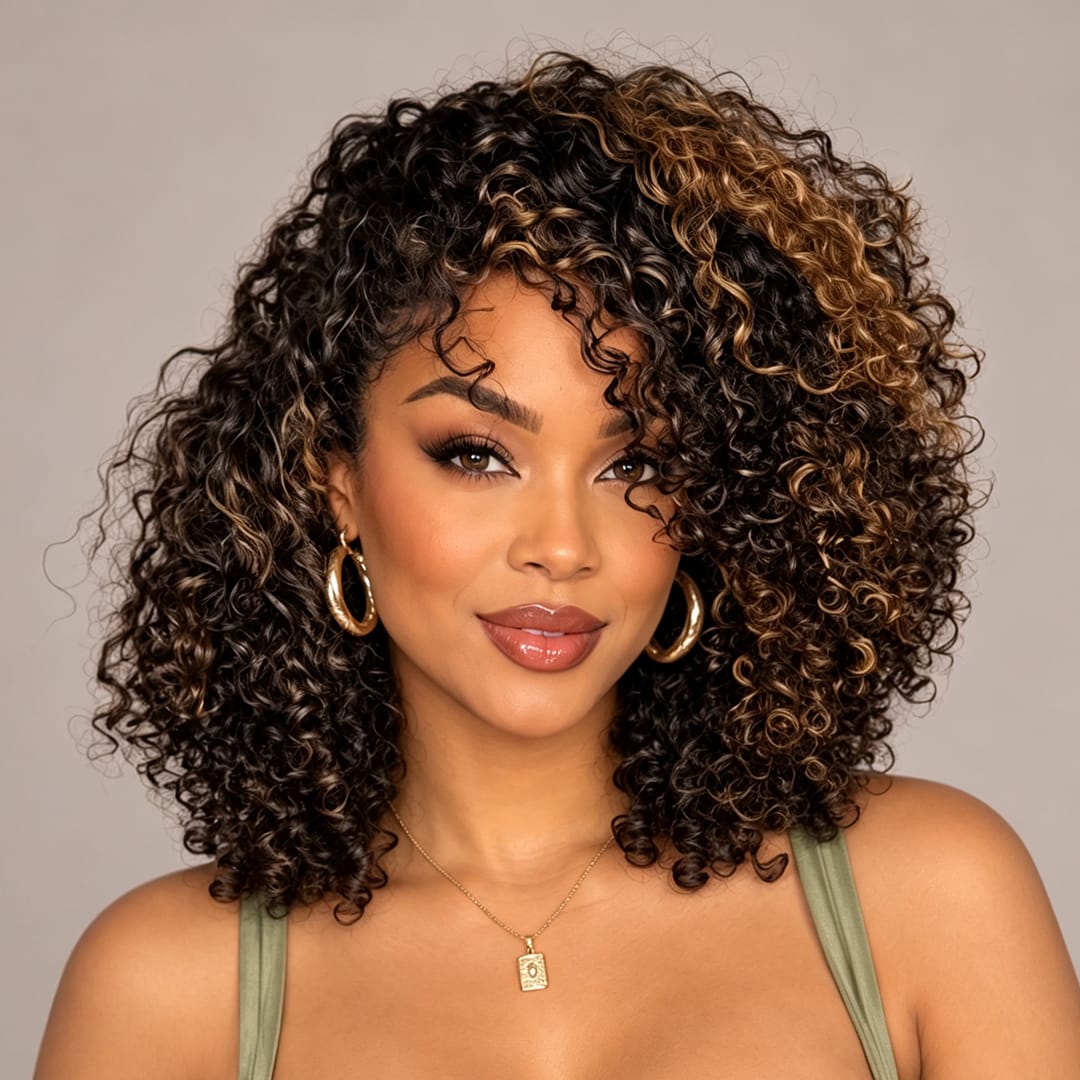 AILUXY Perruque Afro Bouclée Mi‑Longue Balayage Caramel, Volume Naturel Boucles Serrées