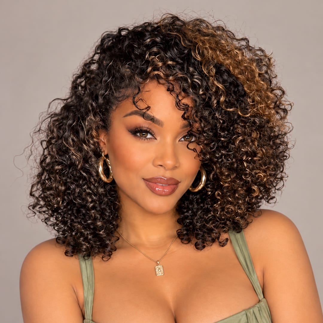 AILUXY Perruque Afro Bouclée Mi‑Longue Balayage Caramel, Volume Naturel Boucles Serrées