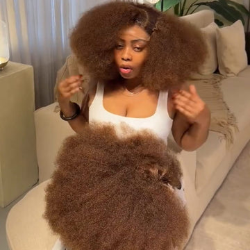 AILUXY Perruque Afro Volume Maxi Couleur Châtain, Grandes Boucles Crépues, 100% Cheveux Humains