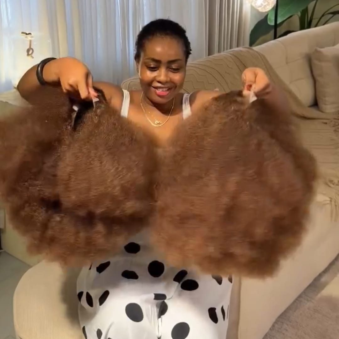 AILUXY Perruque Afro Volume Maxi Couleur Châtain, Grandes Boucles Crépues, 100% Cheveux Humains
