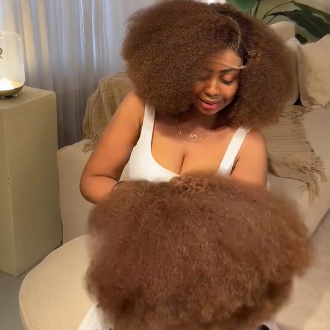 AILUXY Perruque Afro Volume Maxi Couleur Châtain, Grandes Boucles Crépues, 100% Cheveux Humains