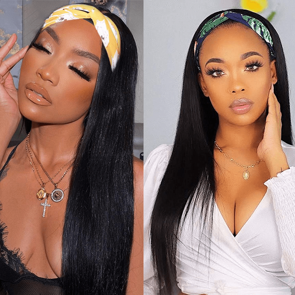 AILUXY Perruque Bandeau Lisse Longue Noir Perruque 100% Cheveux Humains