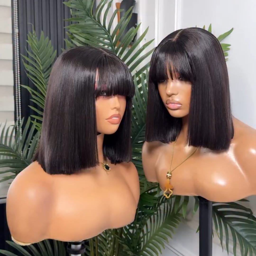 AILUXY Perruque Bob Courte Lisse en Cheveux Humains avec Frange, Douceur Exceptionnelle et Brillance Naturelle,Rendu Ultra-réaliste
