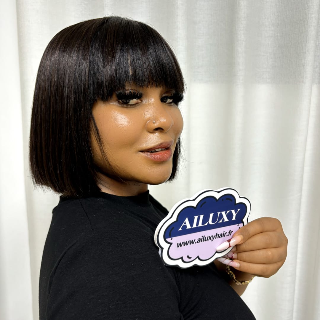 AILUXY Perruque Bob Courte Lisse en Cheveux Humains avec Frange, Perruque carré court Frange droite  Cheveux lisses