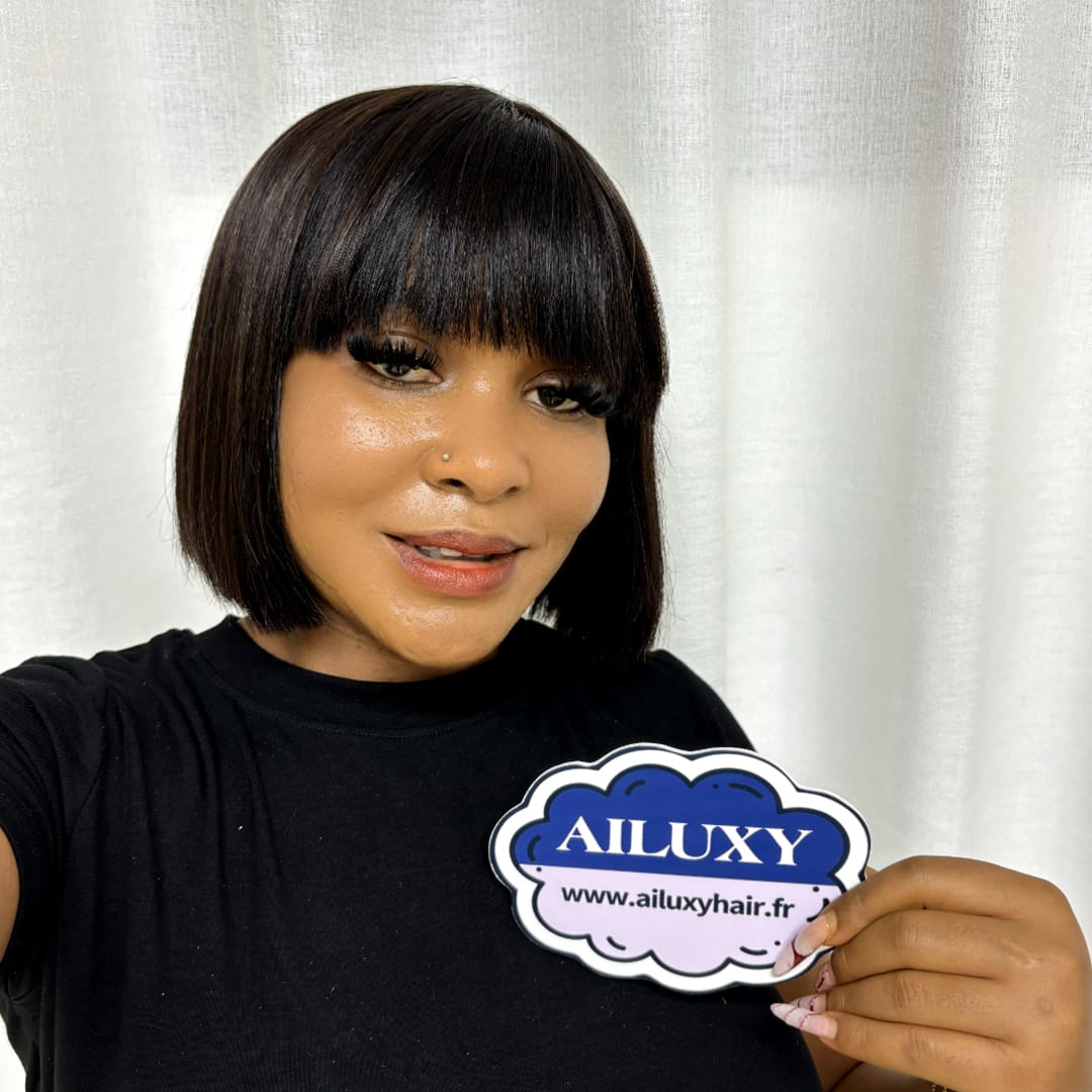 AILUXY Perruque Bob Courte Lisse en Cheveux Humains avec Frange, Perruque carré court Frange droite  Cheveux lisses