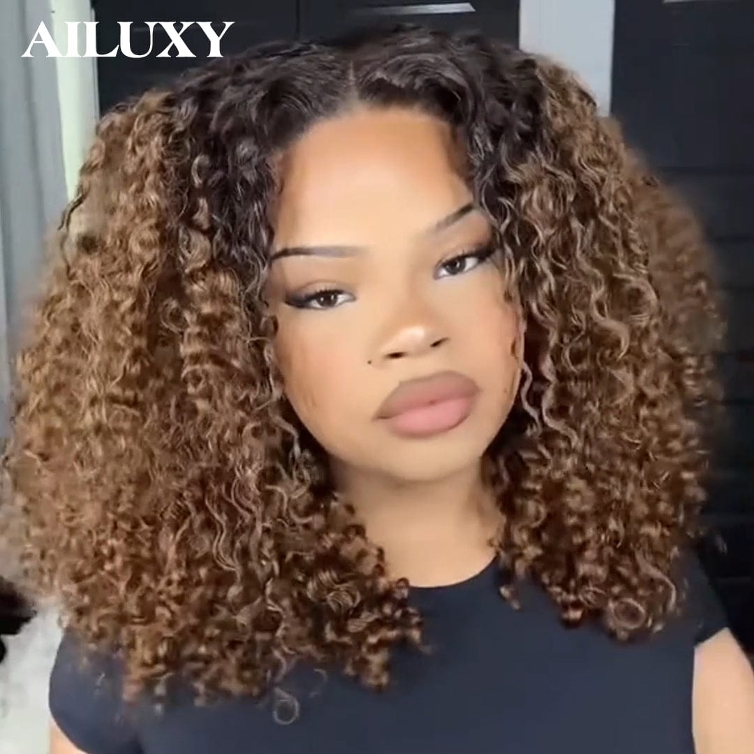 AILUXY Perruque Bob Curly 13x4 en Dentelle Couleur Brun Miel 1BT4# | Look Naturel et Élégant