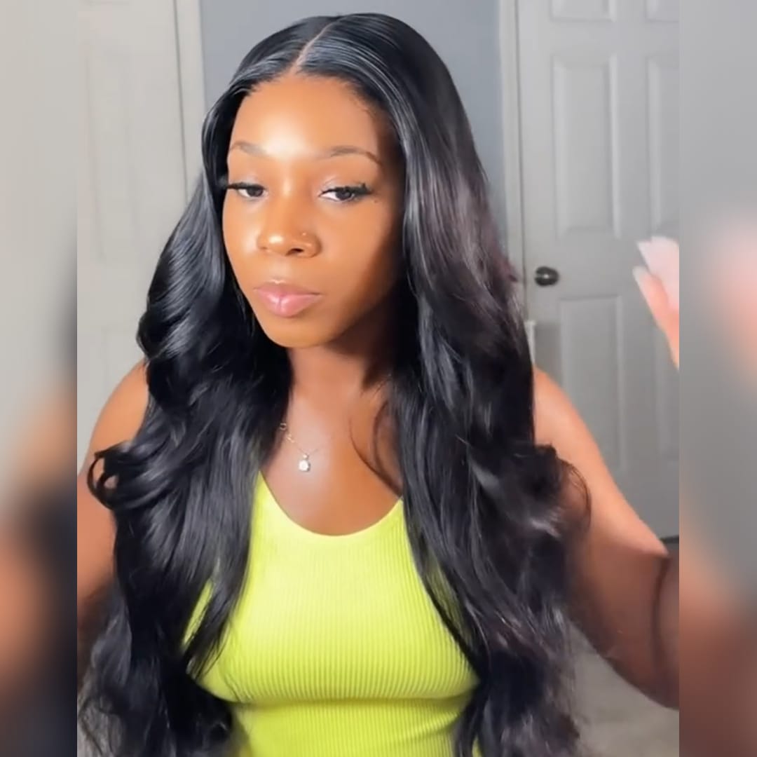 AILUXY Perruque Body Wave Noire Brillance Naturelle Lace Front 13x4 -  100% Cheveux  Humains