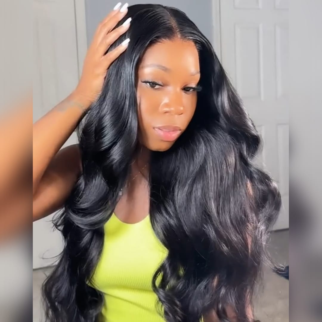 AILUXY Perruque Body Wave Noire Brillance Naturelle Lace Front 13x4 -  100% Cheveux  Humains