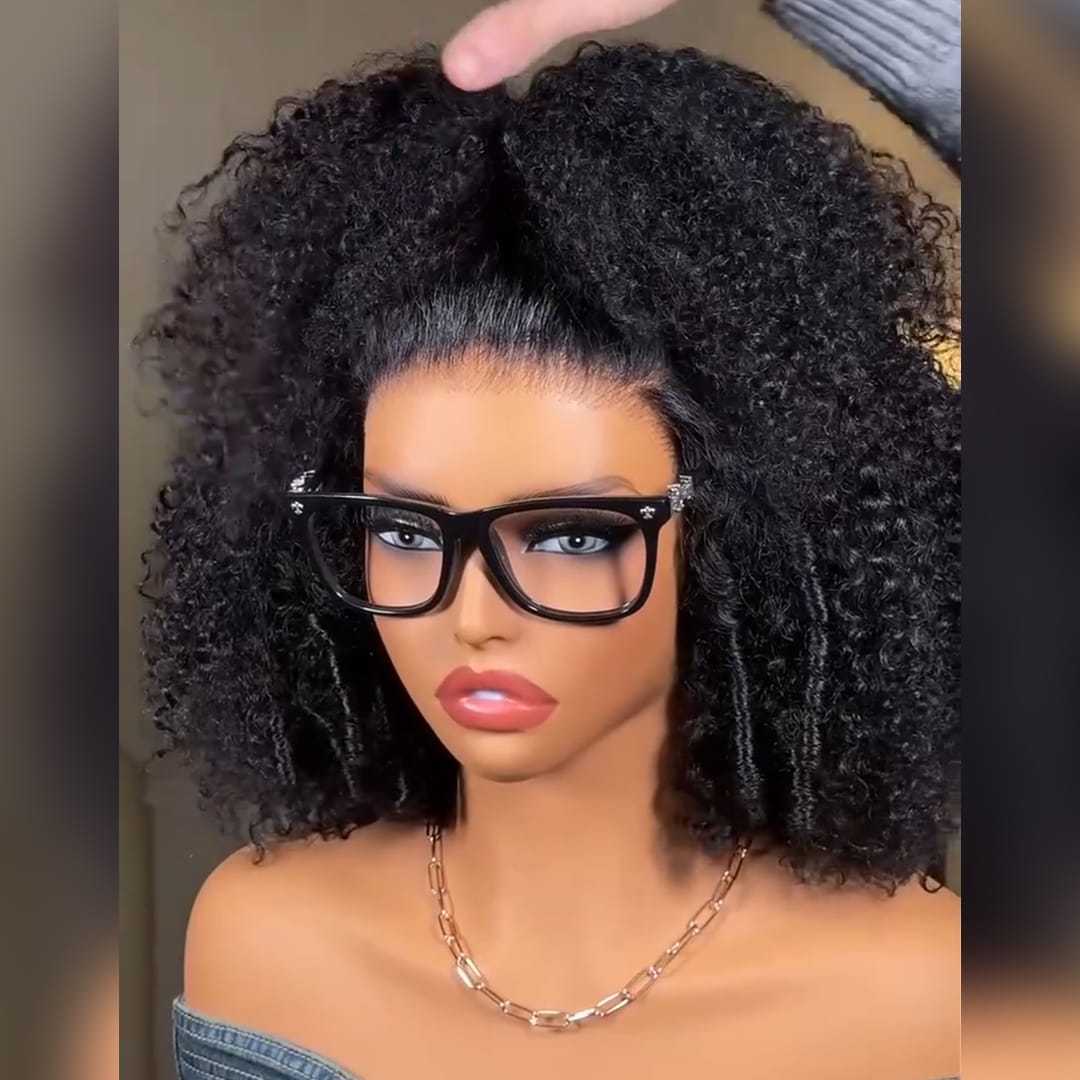AILUXY Perruque Afro lace front Boucles Kinky noires, Cheveux Humains Densité Maximale