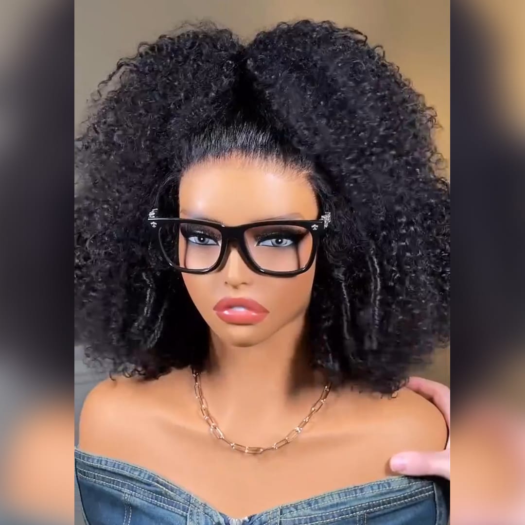 AILUXY Perruque Afro lace front Boucles Kinky noires, Cheveux Humains Densité Maximale