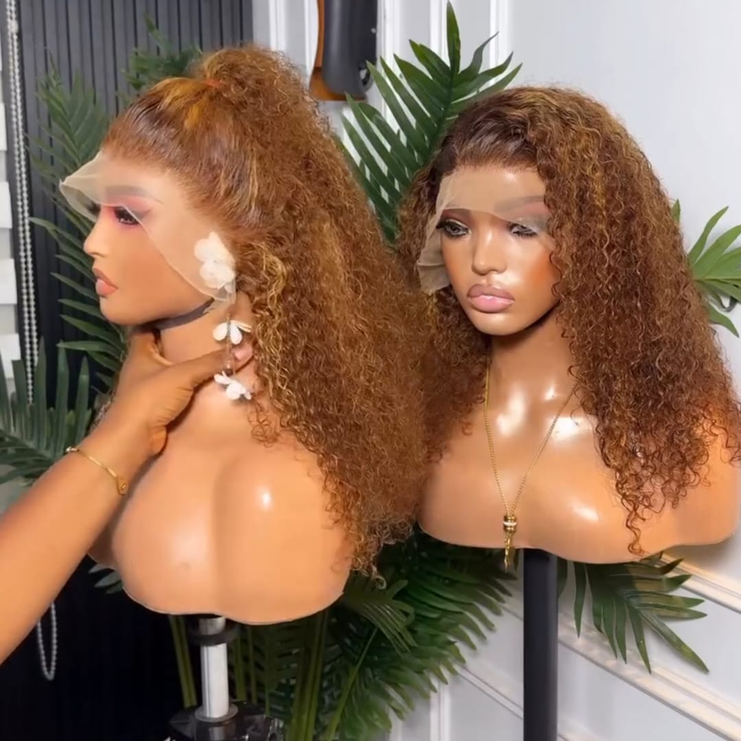AILUXY Perruque Cheveux Humains Boucles Crépues Ombré Marron Doré En 13x4 Lace Frontal Look à la Mode pour Quotidien & Fête Afro curly