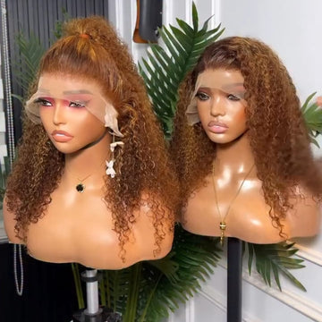 AILUXY Perruque Cheveux Humains Boucles Crépues Ombré Marron Doré En 13x4 Lace Frontal Look à la Mode pour Quotidien & Fête Afro curly