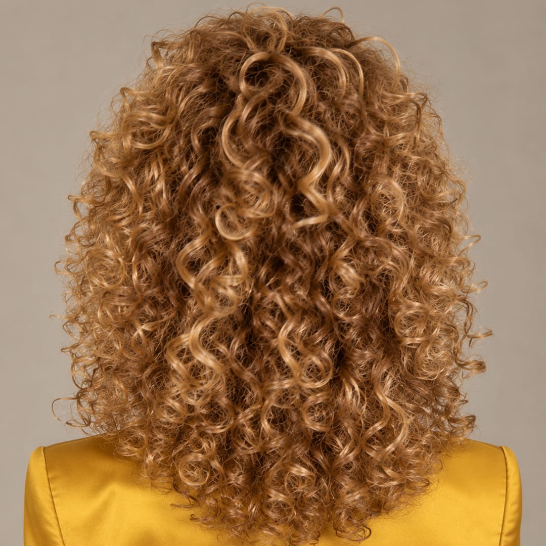 Ailuxy Perruque cheveux humains bouclés volume couleur miel doré, coupe courte tendance, look glamour