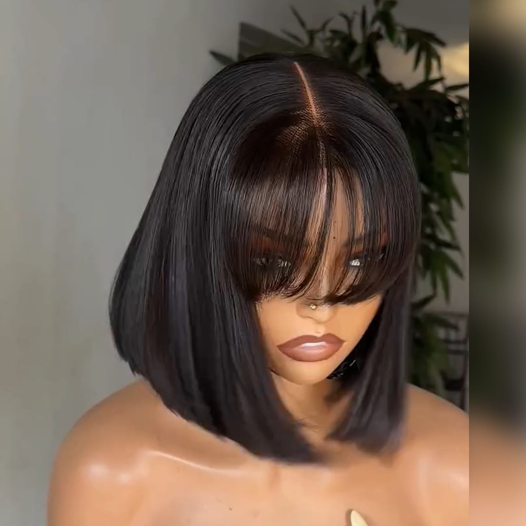 AILUXY Perruque Courte Bob Lisse Noir, Frange Airée, Coiffure Pré-Stylisée, Pose Instantanée