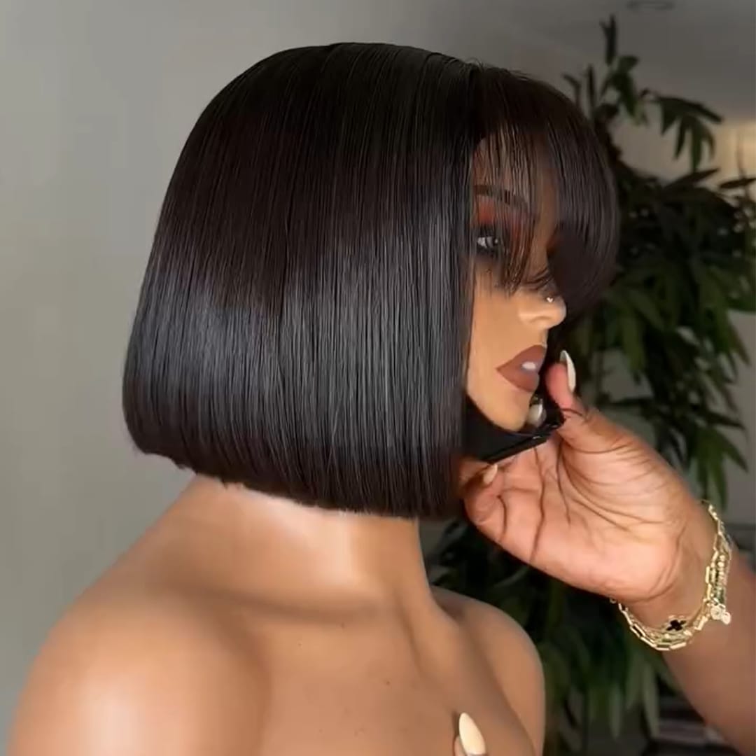 AILUXY Perruque Courte Bob Lisse Noir, Frange Airée, Coiffure Pré-Stylisée, Pose Instantanée