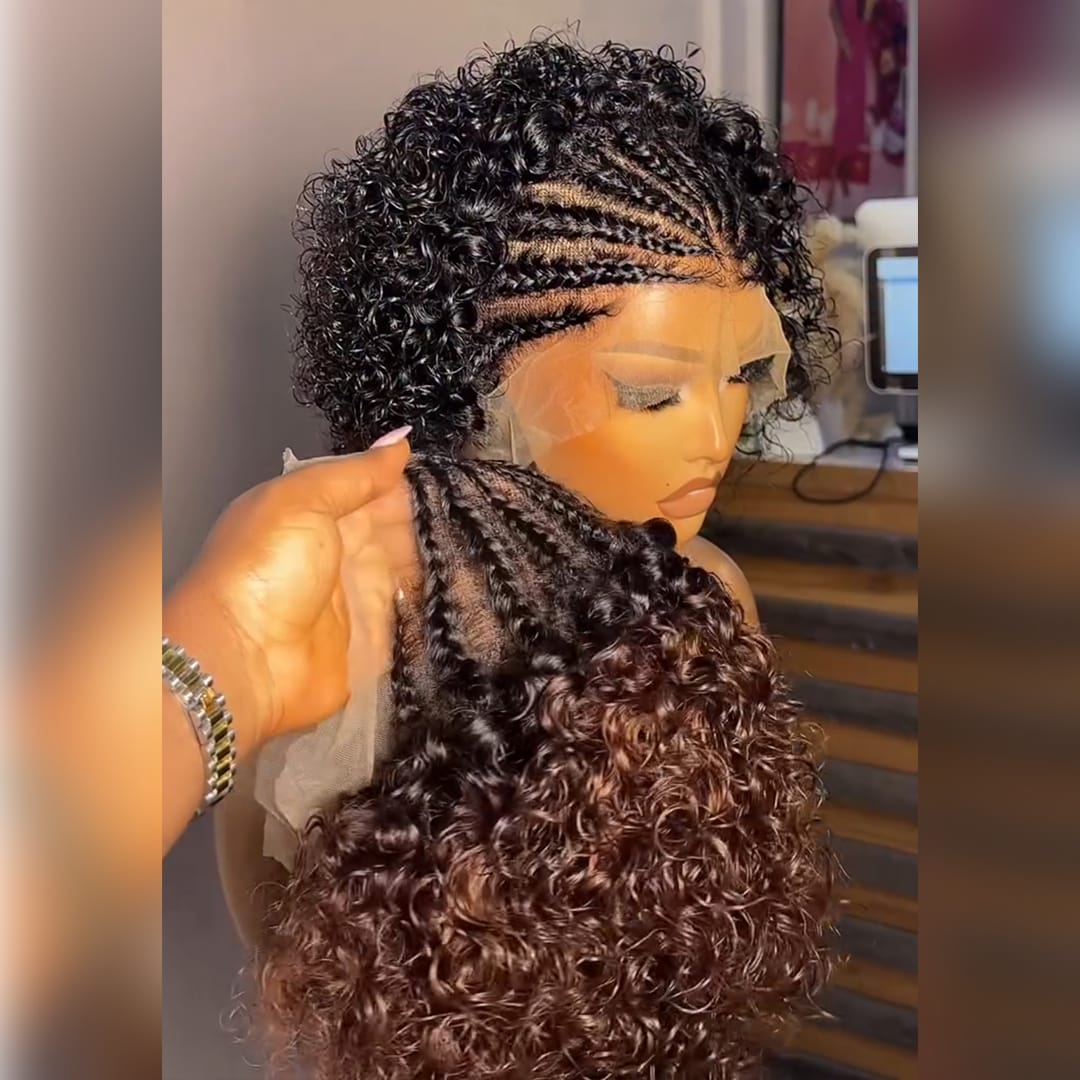 AILUXY Perruque Courte Kinky Curly avec Tresses Frontales 13x4 - Cheveux Humains 100%