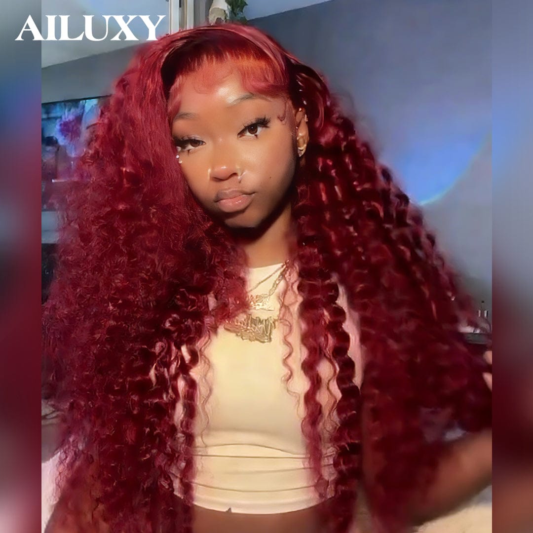 AILUXY Perruque Curly Lace Front 13x4 Frontal 99J Bourgogne Bouclée – Cheveux 100% Naturels pour un Look Glamour
