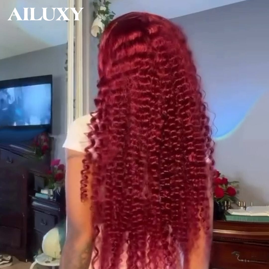 AILUXY Perruque Curly Lace Front 13x4 Frontal 99J Bourgogne Bouclée – Cheveux 100% Naturels pour un Look Glamour