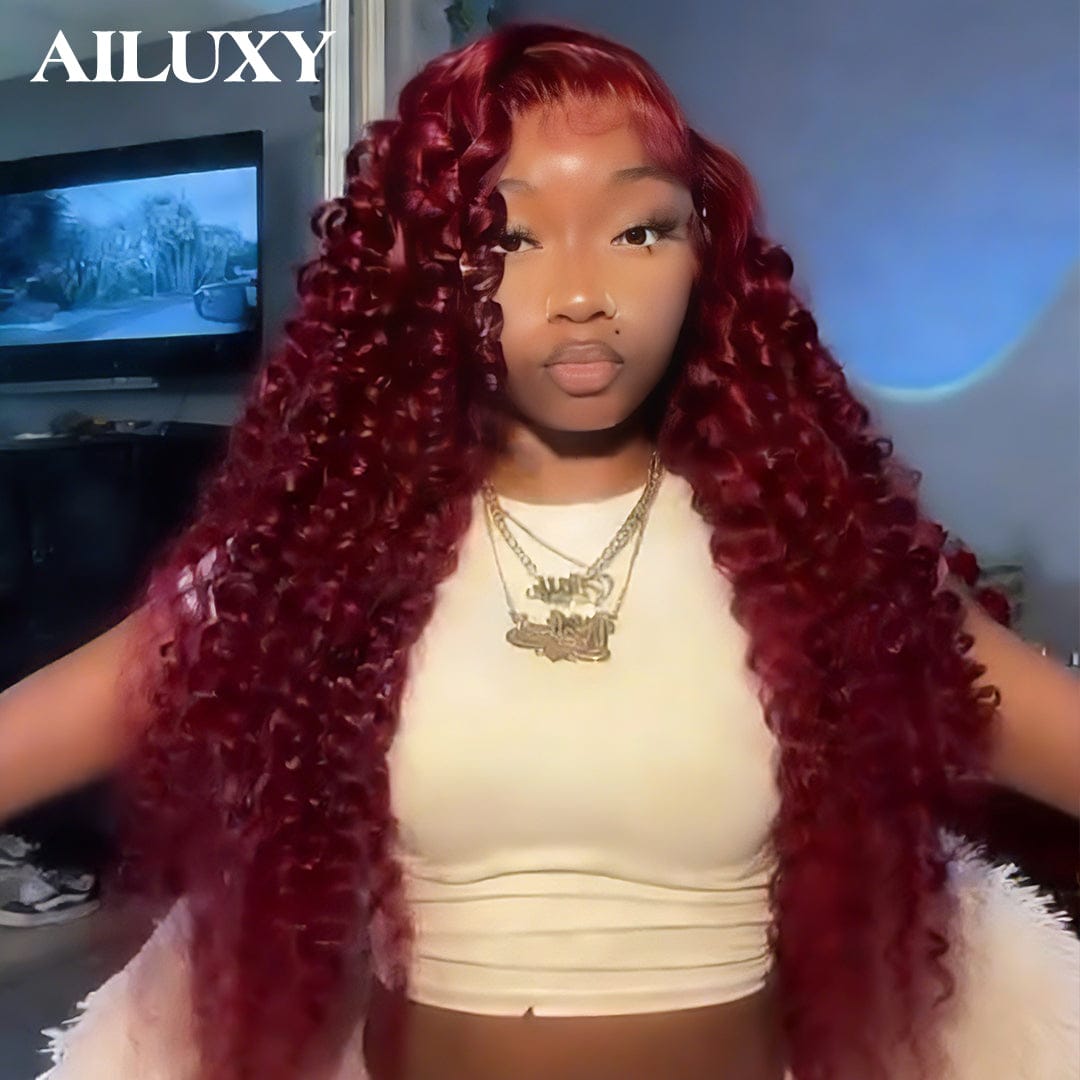 AILUXY Perruque Curly Lace Front 13x4 Frontal 99J Bourgogne Bouclée – Cheveux 100% Naturels pour un Look Glamour