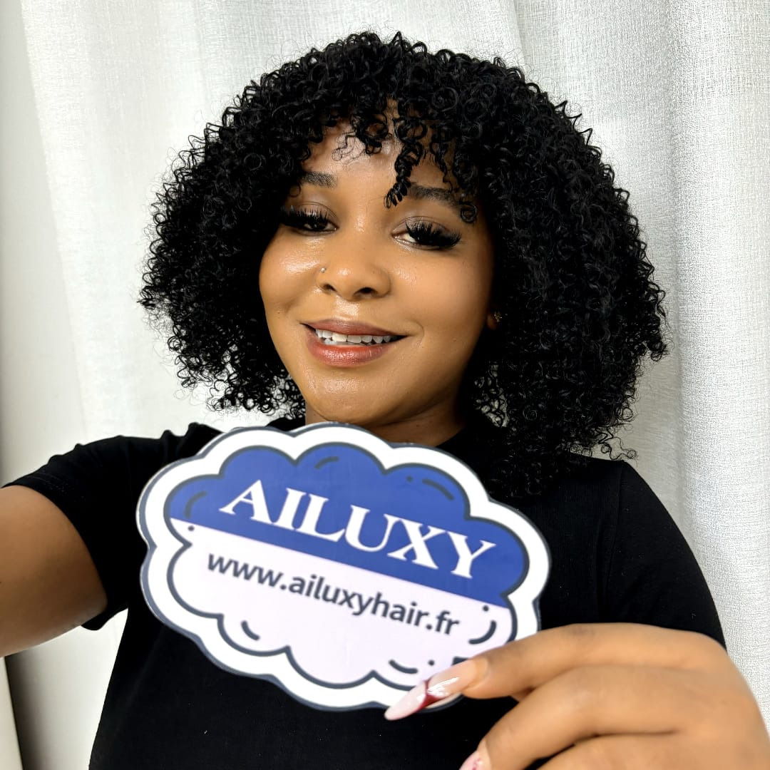 AILUXY Perruque entièrement fabriquée à la machine BOB bouclée avec frange droite, style polyvalent Curly