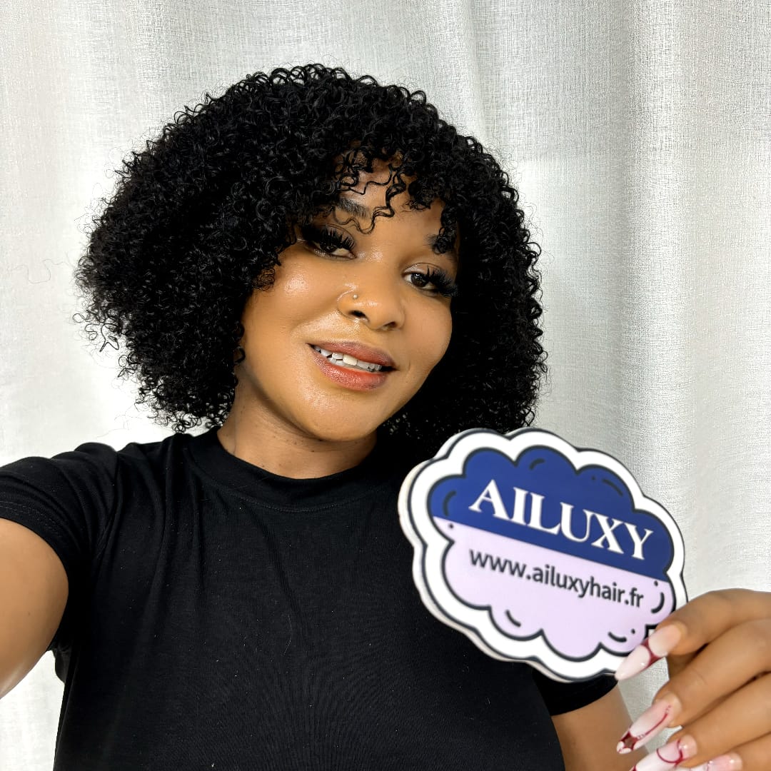 AILUXY Perruque entièrement fabriquée à la machine BOB bouclée avec frange droite, style polyvalent Curly