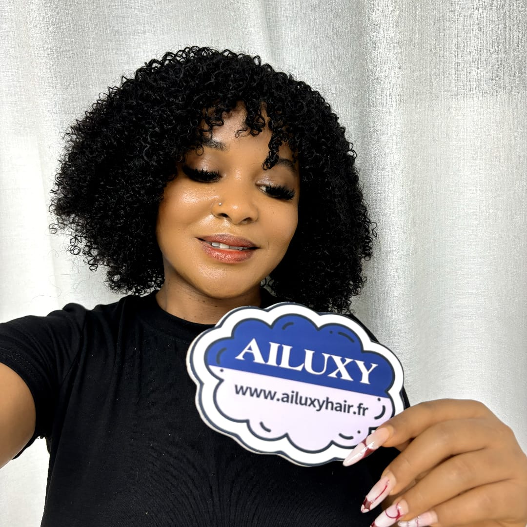 AILUXY Perruque entièrement fabriquée à la machine BOB bouclée avec frange droite, style polyvalent Curly