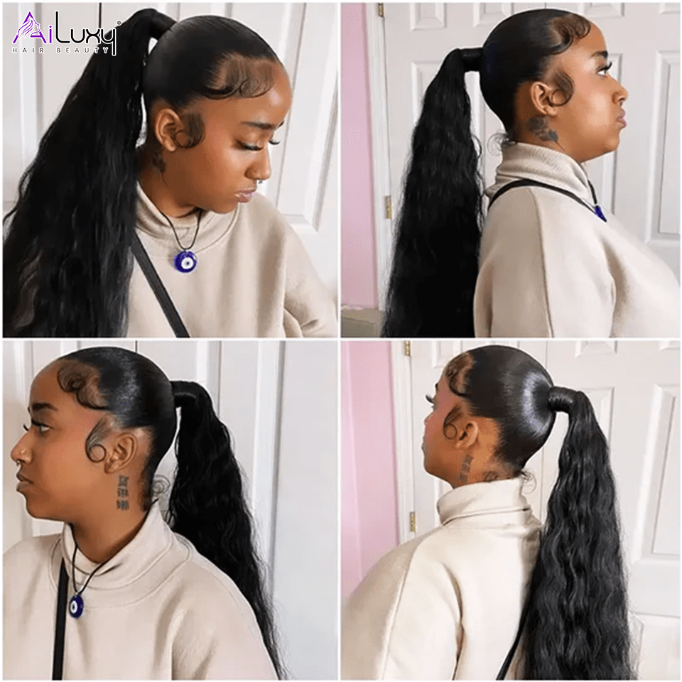 AILUXY Perruque Extension Water Wave cheveux humains Ponytail Queues cheval hautes