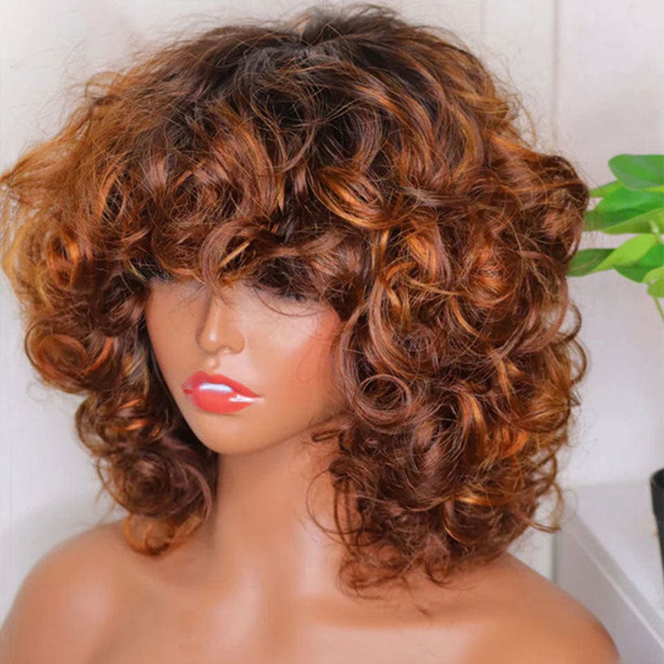 AILUXY Perruque Frange 1B/27# Egg Wave – 100% Cheveux Humains, Coupe Courte Élégante