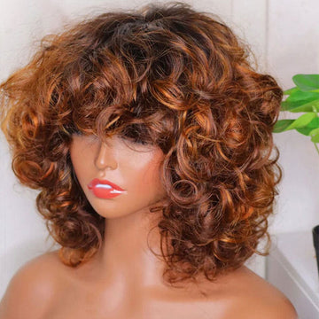 AILUXY Perruque Frange 1B/27# Egg Wave – 100% Cheveux Humains, Coupe Courte Élégante