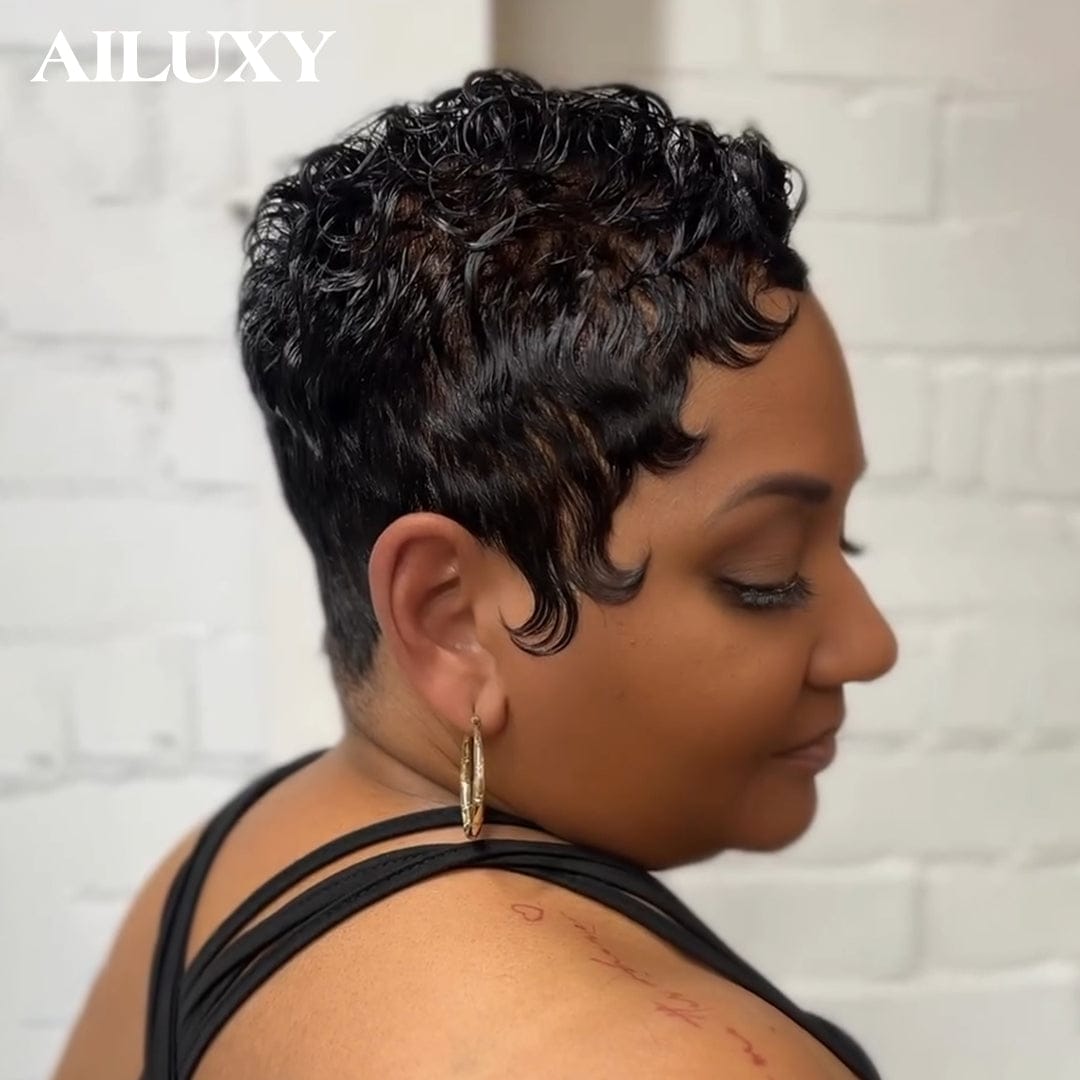 AILUXY Perruque full lace Pixie Couleur Naturelle 100% Cheveux Humains Naturels, Identique à l'image 2.0