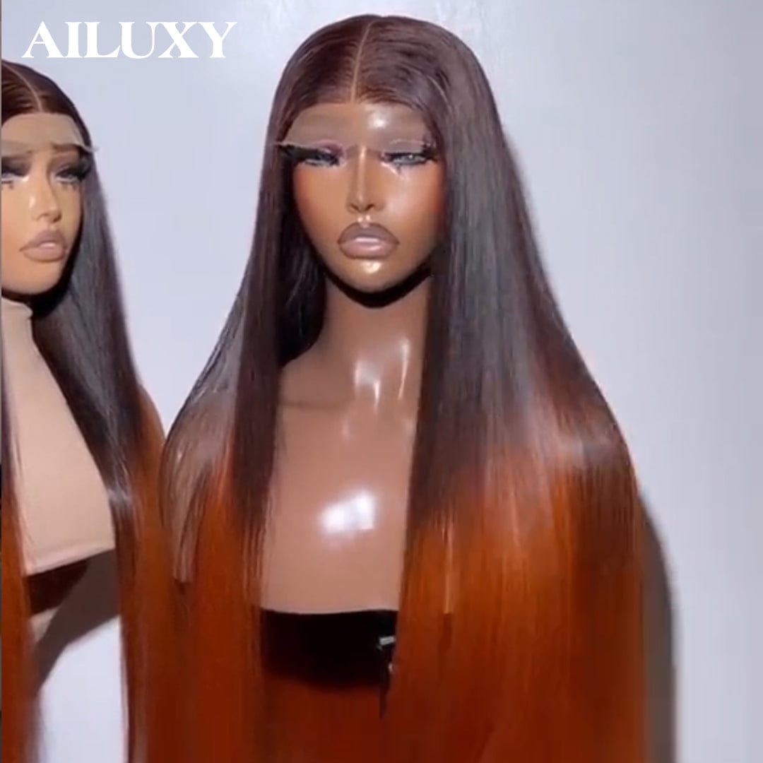 AILUXY Perruque Humaine 13x4 Lace Front Lisse – 100% Cheveux Humains, Couleur Orange Dégradé Authentique Comme sur la photo