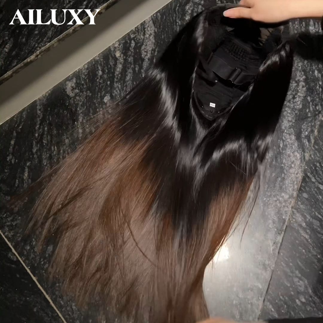 AILUXY Perruque Humaine 4x4 Lace Front Longue et Lisse – Couleur Châtain Dégradé Authentique